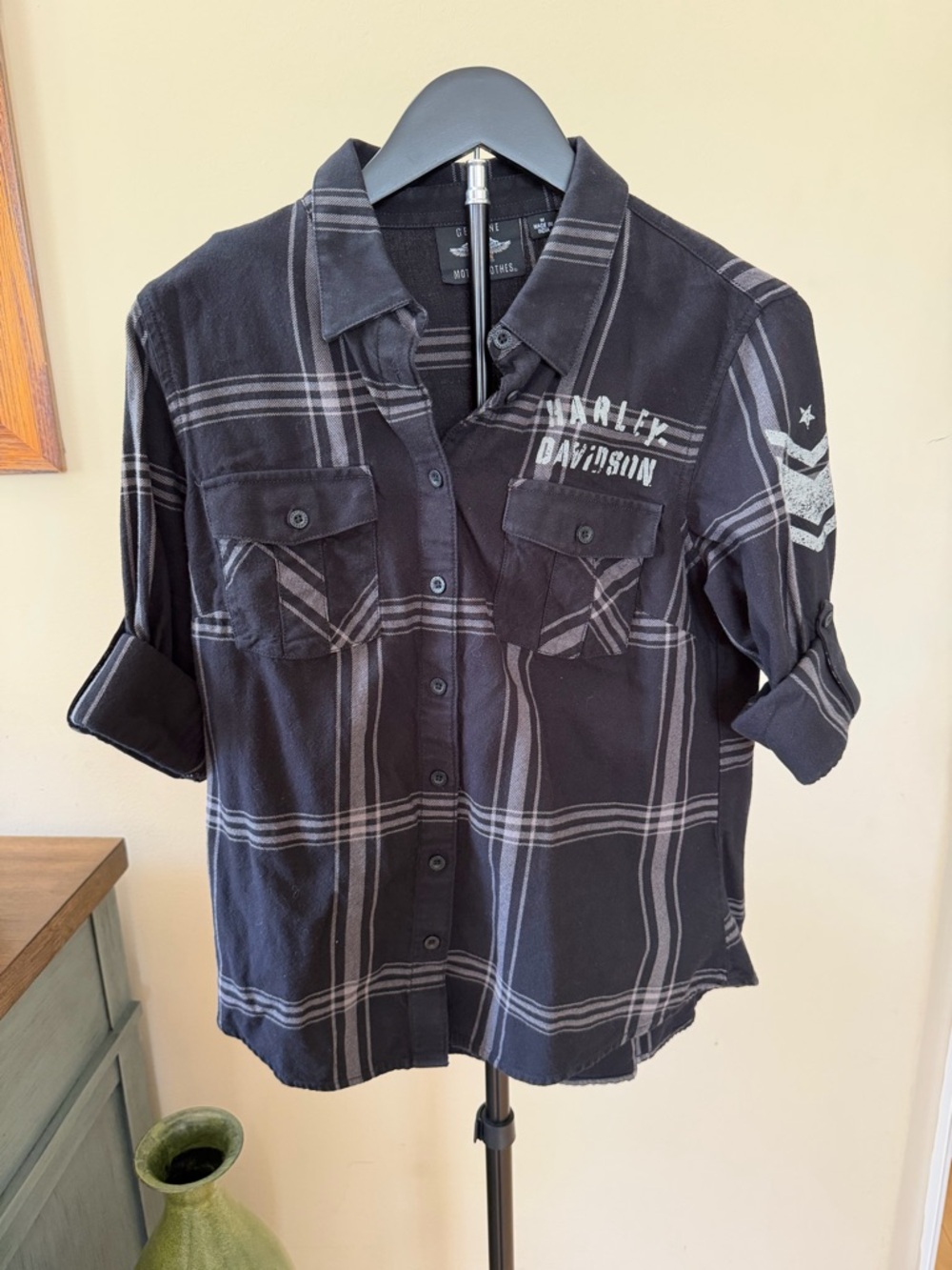 Harley Davidson Plaid Button Up Shirt Women’s Medium Black Moto